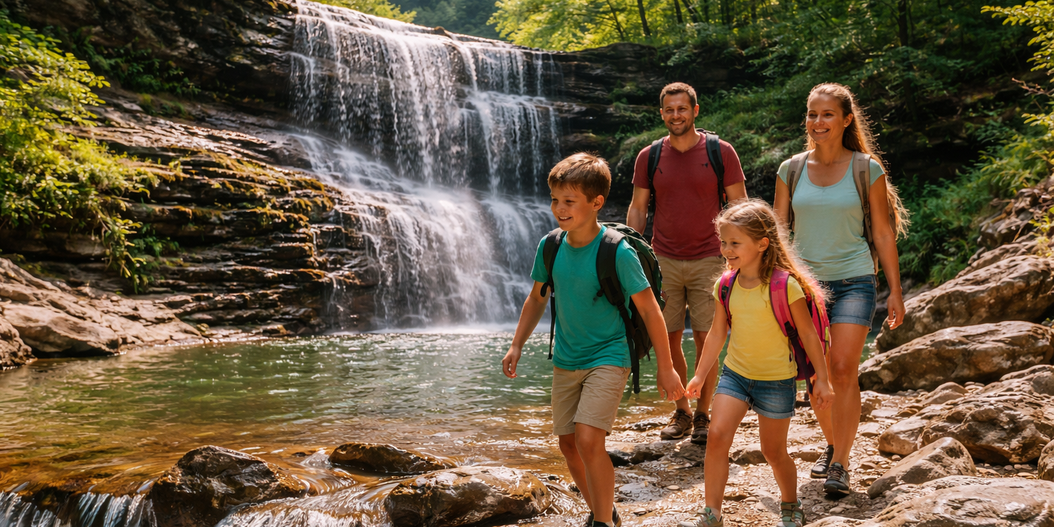 Family hiking near a waterfall while camping in the Finger Lakes in summer
