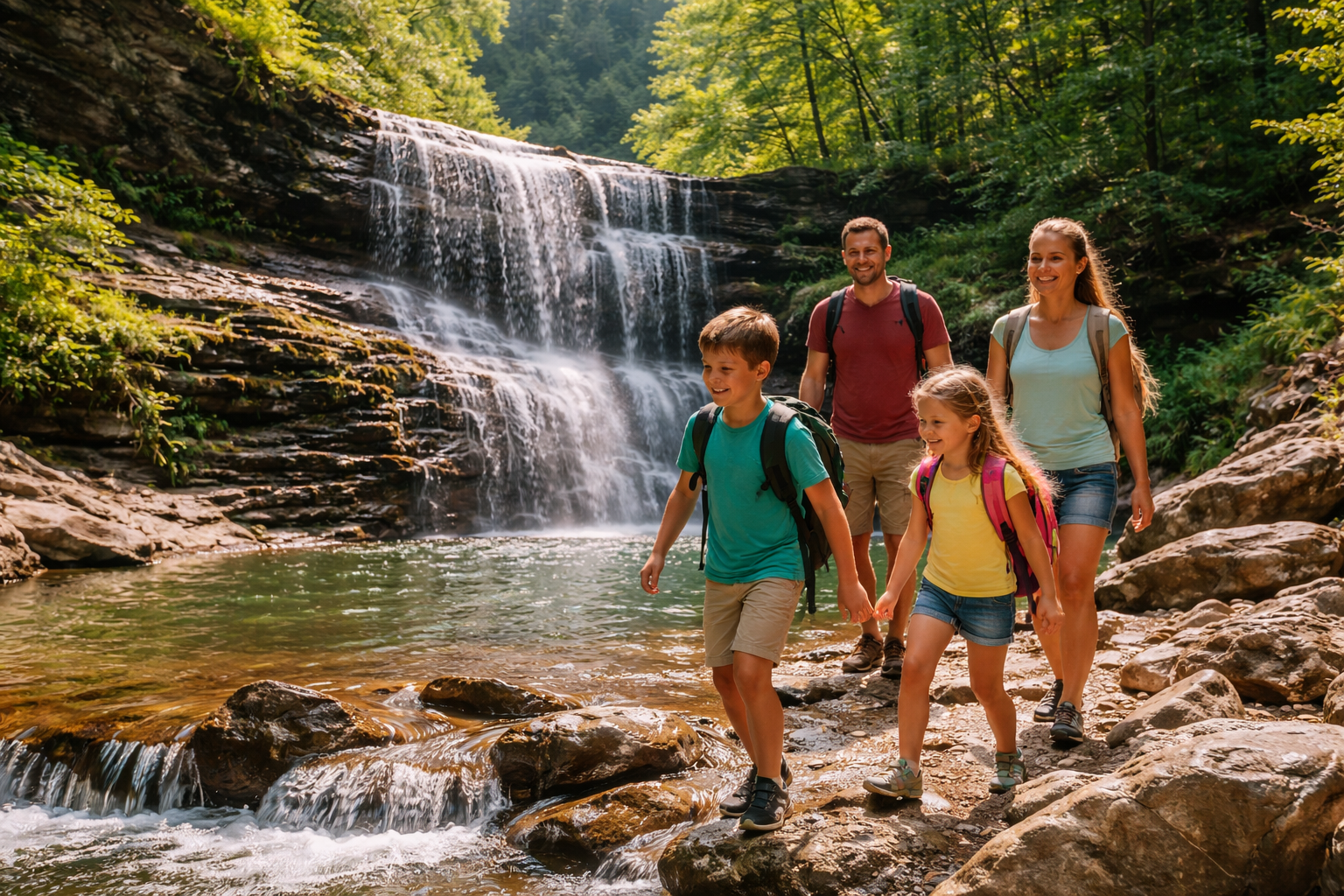 Family hiking near a waterfall while camping in the Finger Lakes in summer
