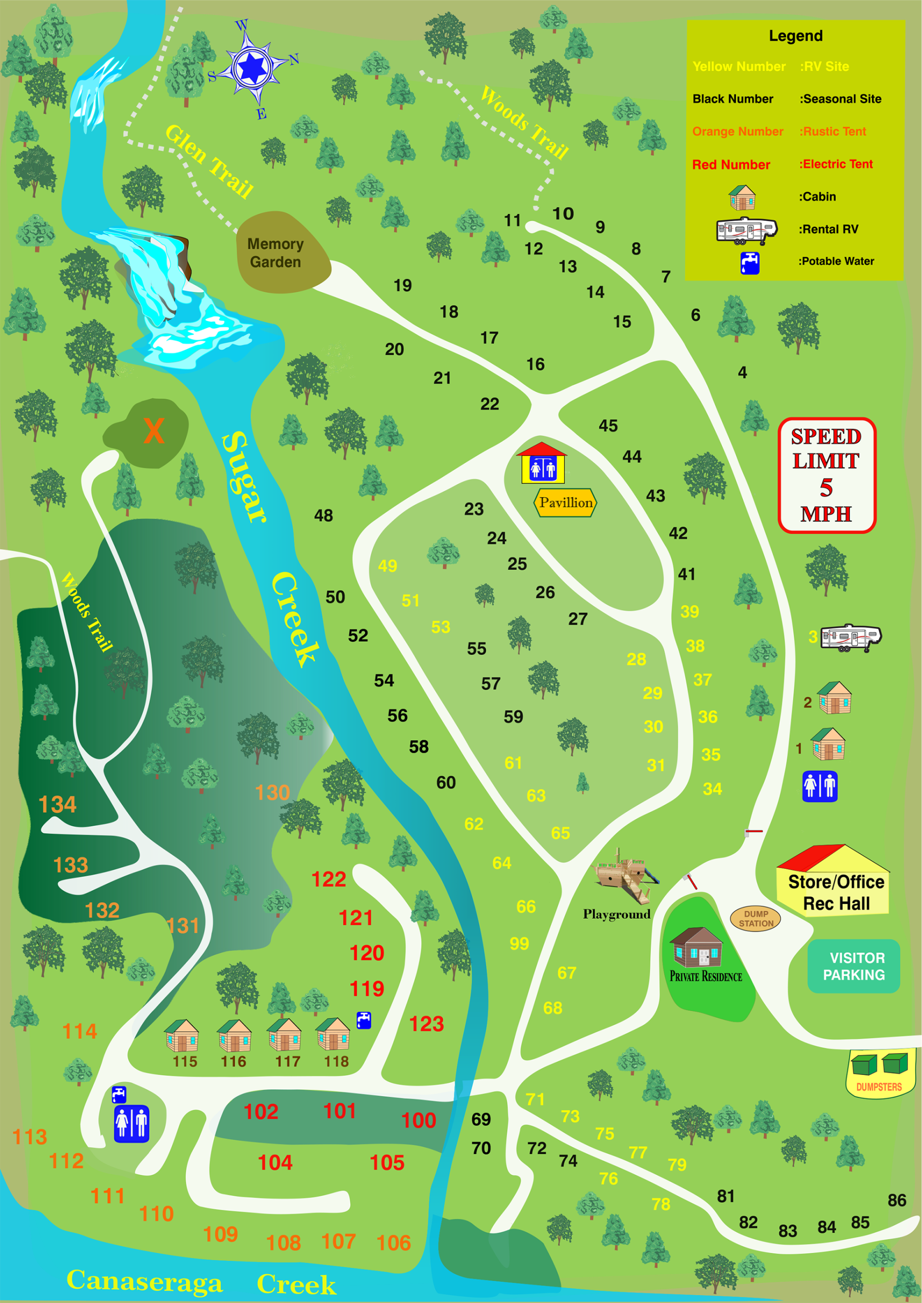Sugar Creek Glen Campground campsite map showing RV sites, tent sites, cabins, trails, Sugar Creek, and amenities in Dansville, NY