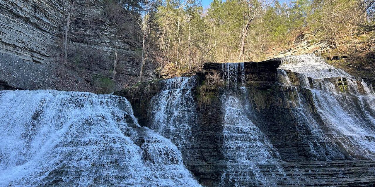 Waterfall and hiking trail at Sugar Creek Glen Campground in the Finger Lakes