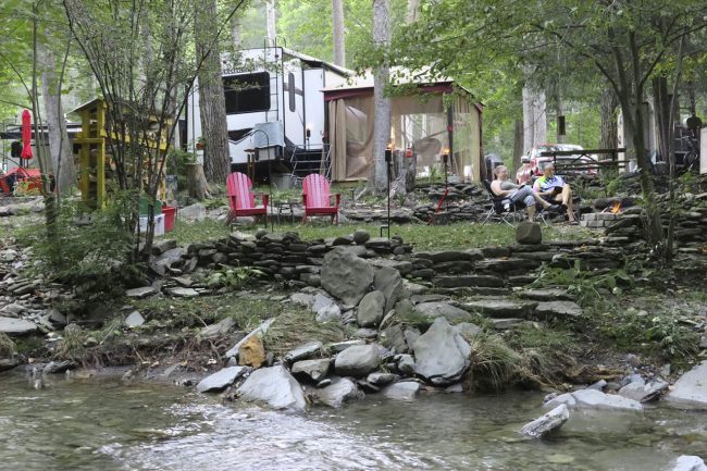RV seasonal campsite setup in early spring at a New York campground with chairs and outdoor space