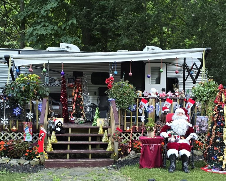 Seasonal campsite decorated for the holidays with lights and decorations at a campground
