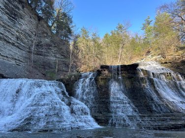Scenic waterfall surrounded by forest near Sugar Creek Glen Camping in New York