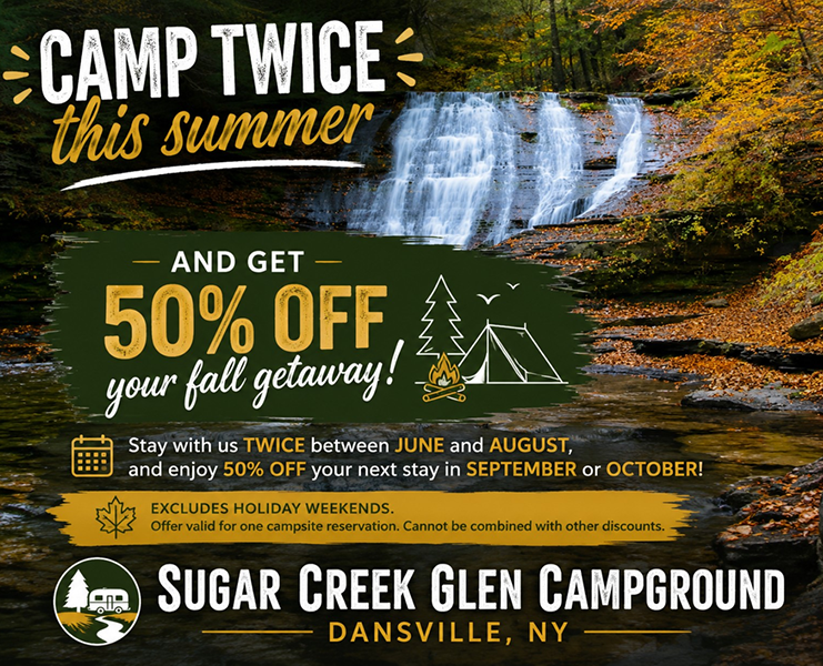Sugar Creek Glen Campground promotion offering 50% off a fall getaway when guests camp twice between June and August