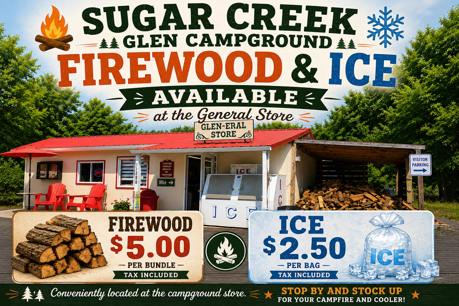 Camp Store Firewood and Ice | Sugar Creek Glen Campground Firewood and bagged ice available at the Sugar Creek Glen Camp Store in Dansville, NY