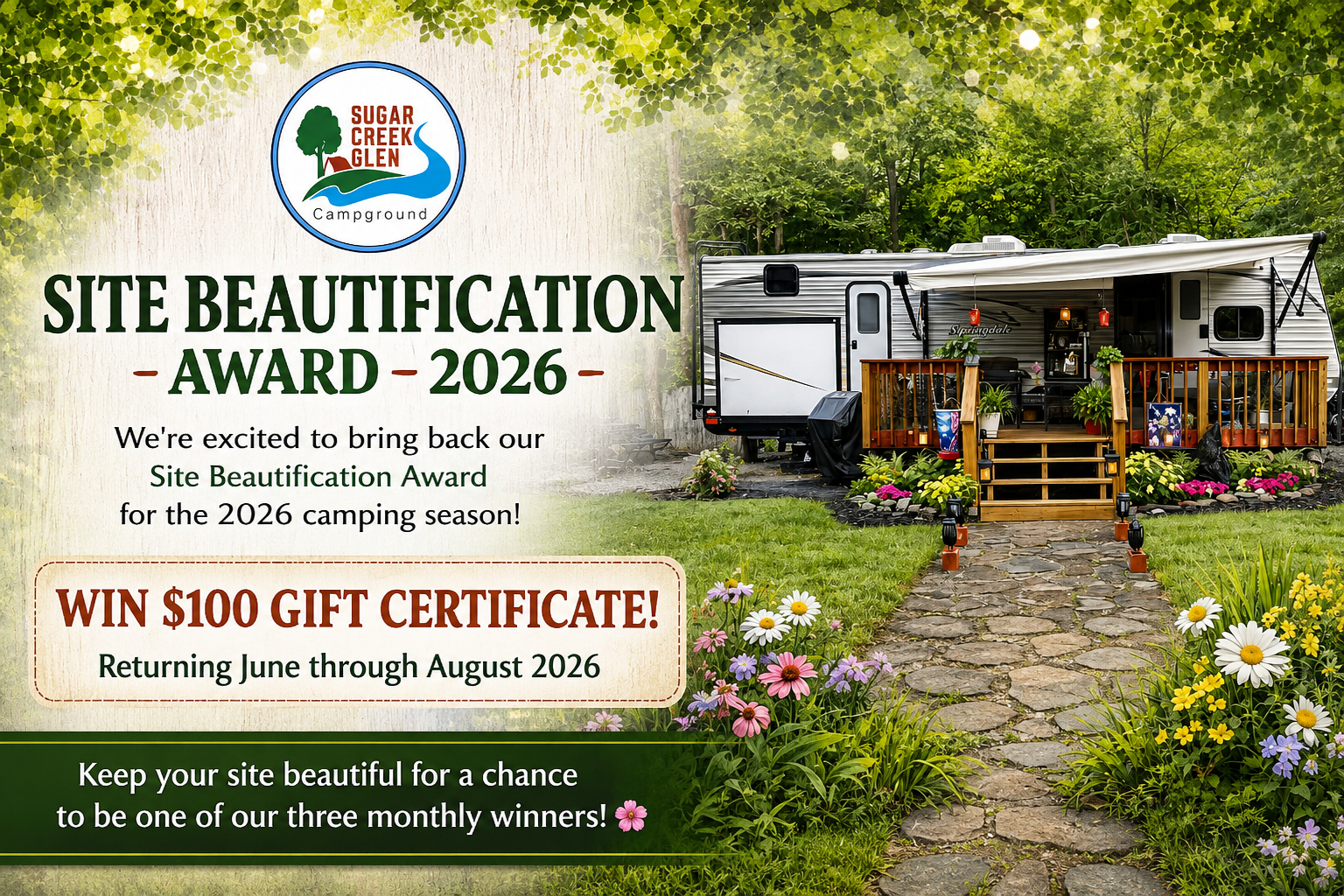 Sugar Creek Glen Campground 2026 Site Beautification Award for seasonal campers in Dansville New York