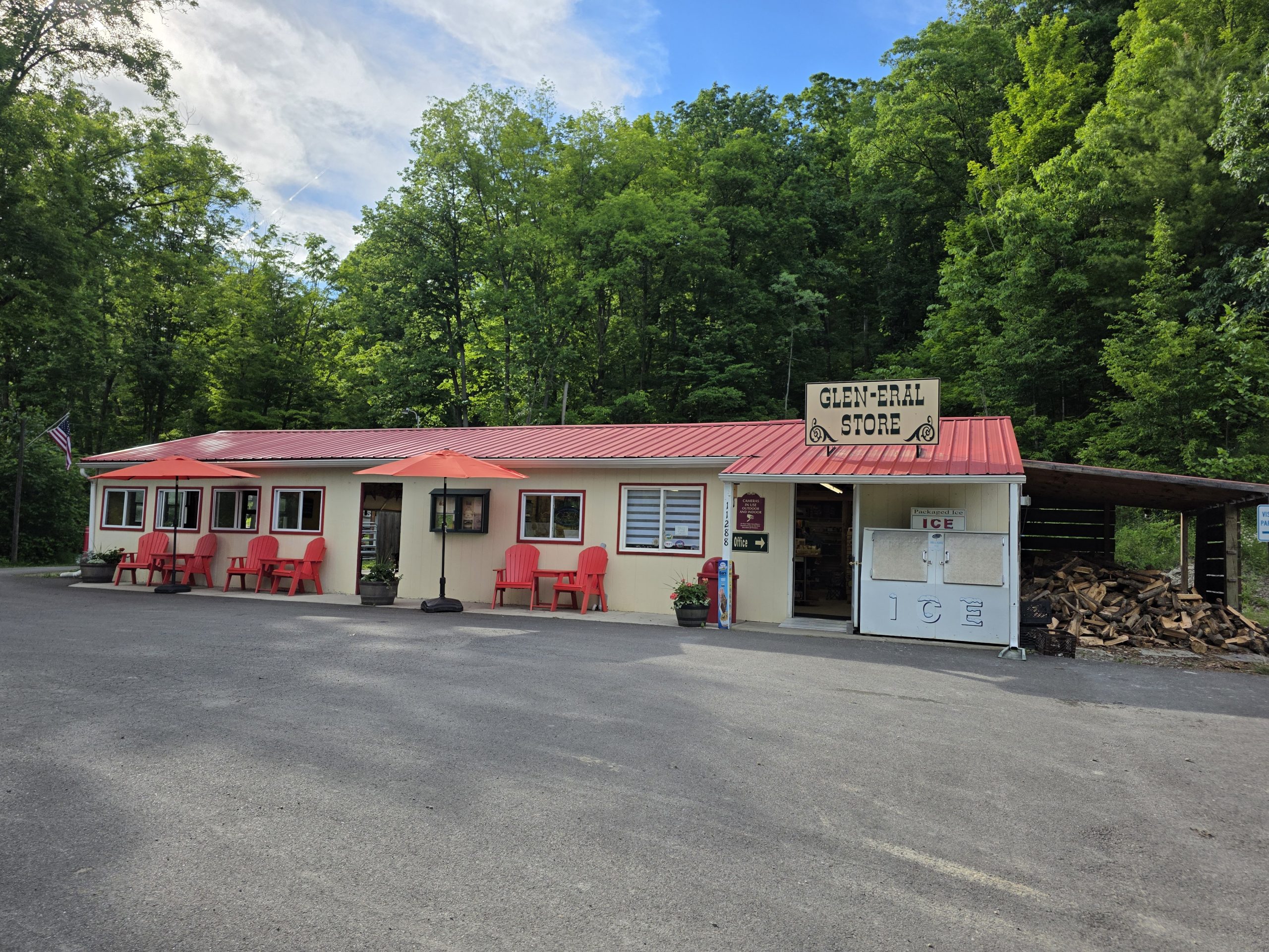 Sugar Creek Glen Camp Store building with firewood and ice available on-site for campground guests