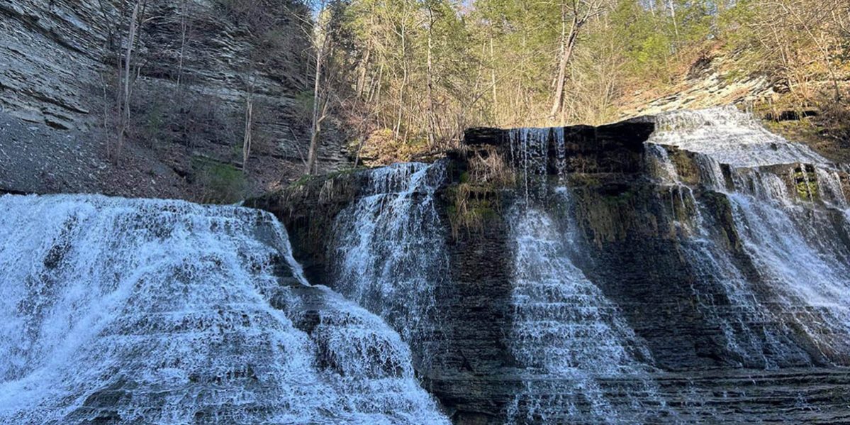 Waterfall cascading through a rocky gorge in the Finger Lakes region of New York