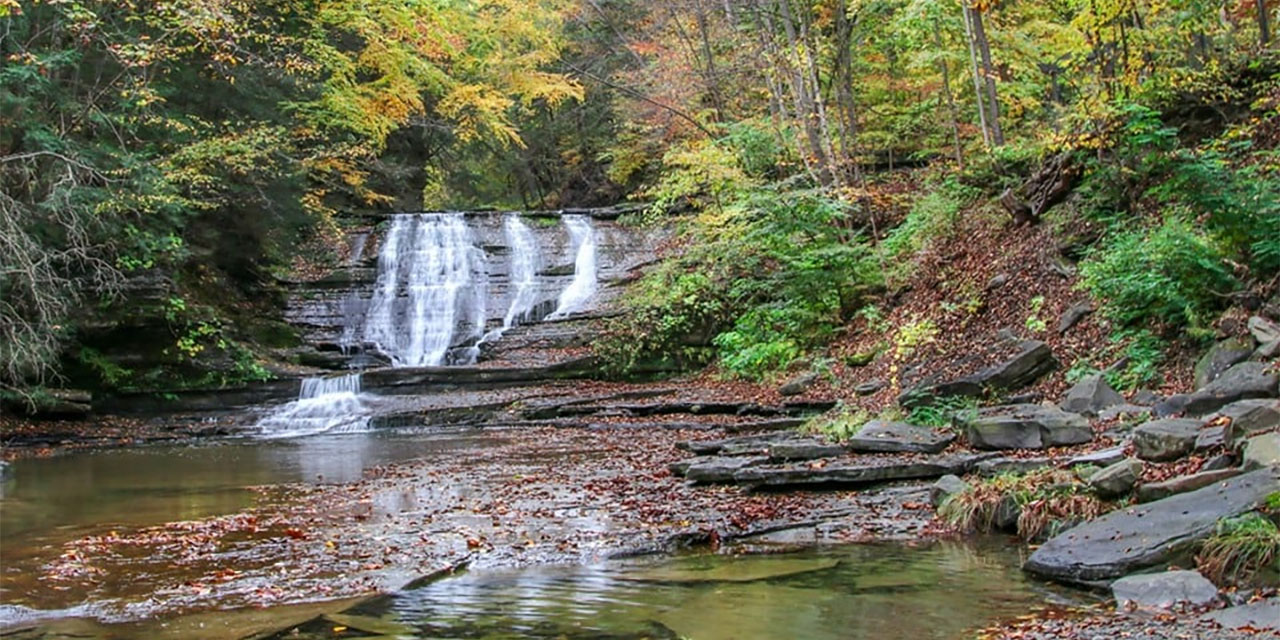 Fall Camping at Sugar Creek Glen Campground in the Finger Lakes aterfall at Sugar Creek Glen Campground during fall in the Finger Lakes